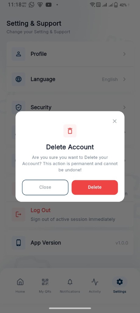 AutoQR delete account confirmation dialog