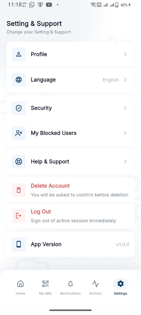 AutoQR settings screen showing Delete Account